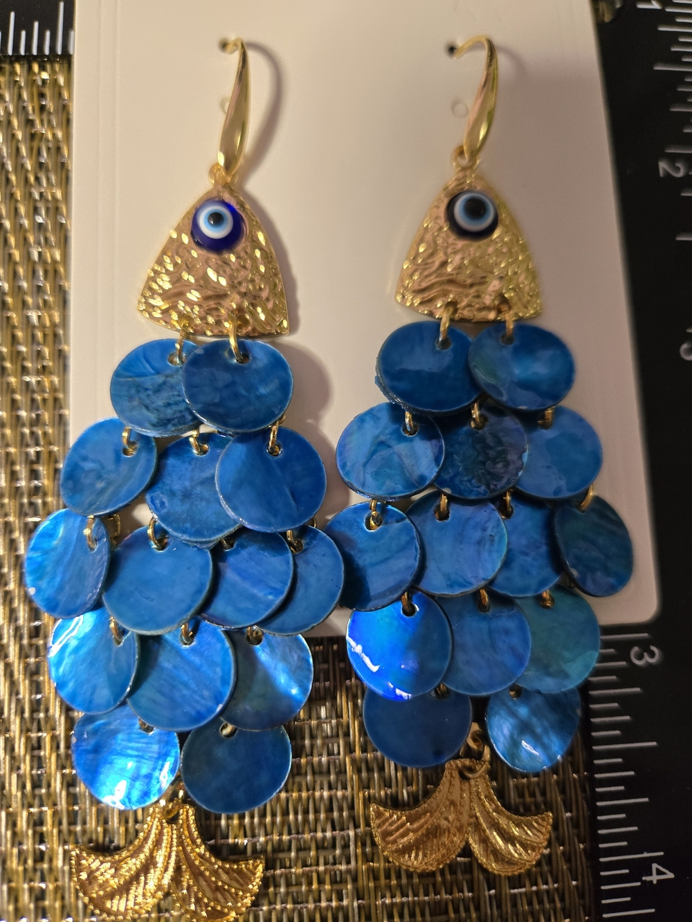 Gold and Blue Fish Evil Eye Shell Disc Drop Earrings